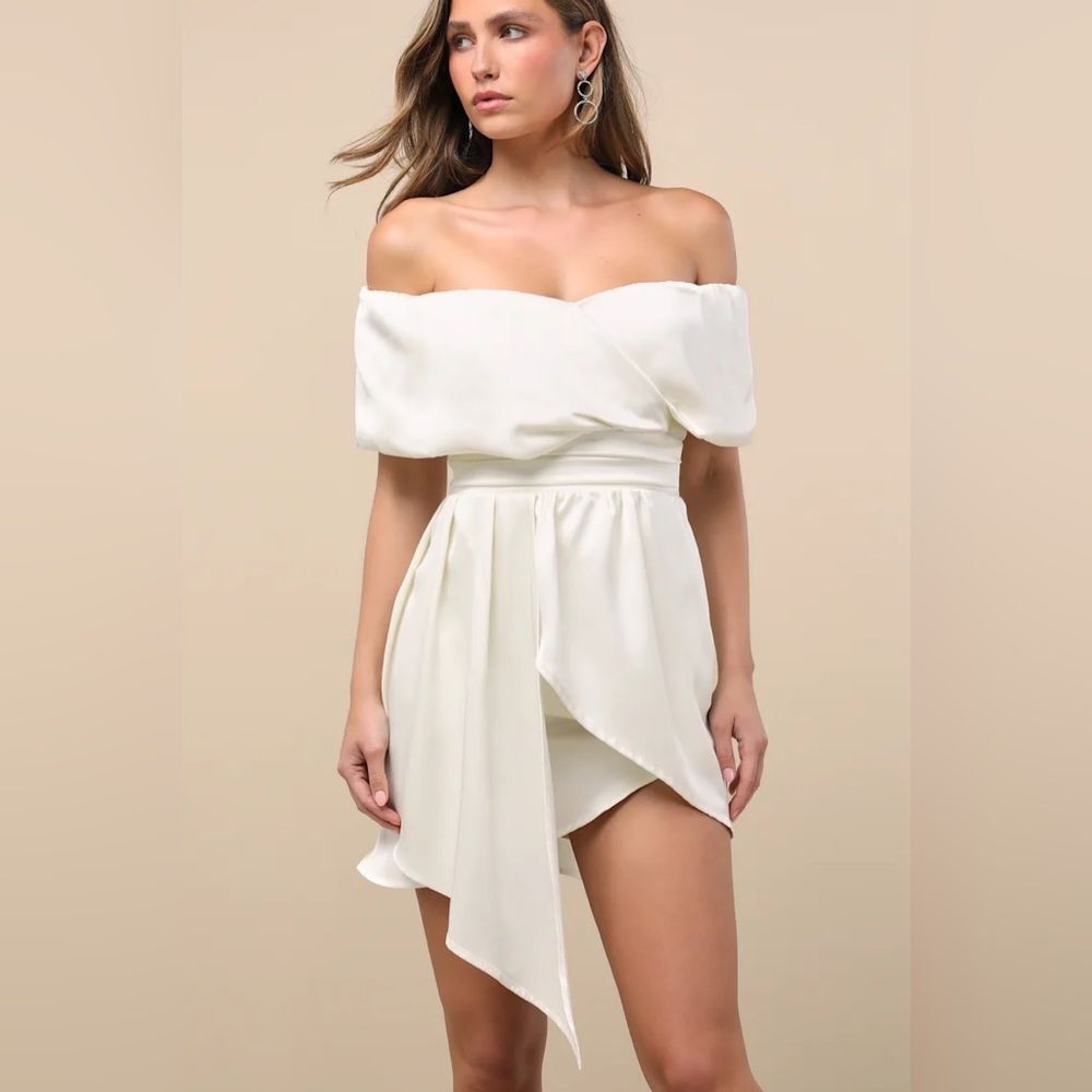 Lulus Always Celebrating Ivory Satin Off-the-Shoulder Mini Dress